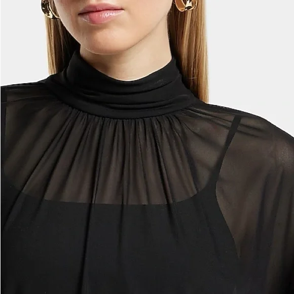 NWOT Express Mesh Gathered Mock Neck Blouson Sleeve Top - Picture 3 of 6